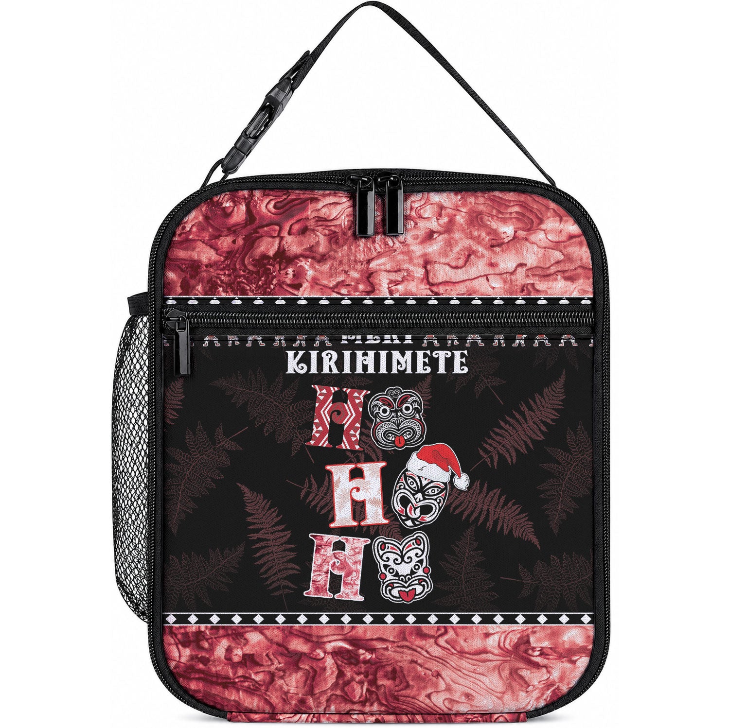 New Zealand Tiki Christmas Lunch Bag Ho Ho Ho Paua Shell Glitter Red LT05 10.2 × 8.3 × 4.3 inch Black - Polynesian Pride