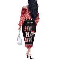 Personalised New Zealand Tiki Christmas Off The Shoulder Long Sleeve Dress Ho Ho Ho Paua Shell Glitter Red LT05 - Polynesian Pride