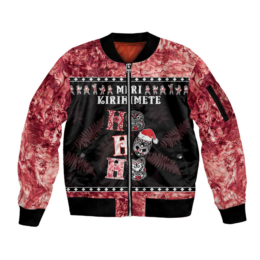Personalised New Zealand Tiki Christmas Sleeve Zip Bomber Jacket Ho Ho Ho Paua Shell Glitter Red