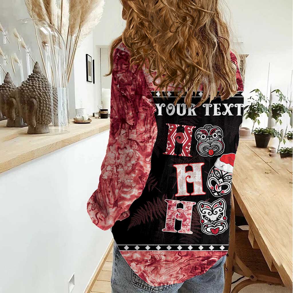 Personalised New Zealand Tiki Christmas Women Casual Shirt Ho Ho Ho Paua Shell Glitter Red LT05 - Polynesian Pride