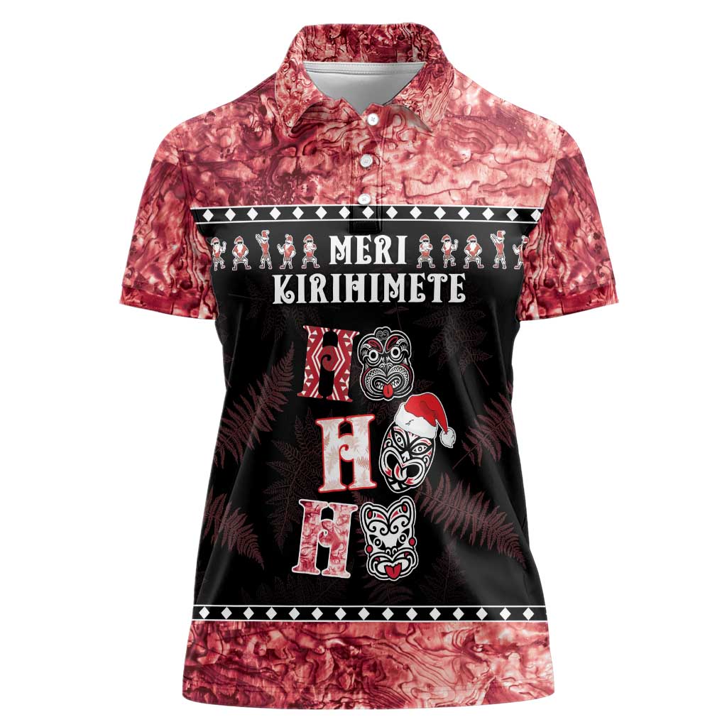 Personalised New Zealand Tiki Christmas Women Polo Shirt Ho Ho Ho Paua Shell Glitter Red LT05 Female Black - Polynesian Pride