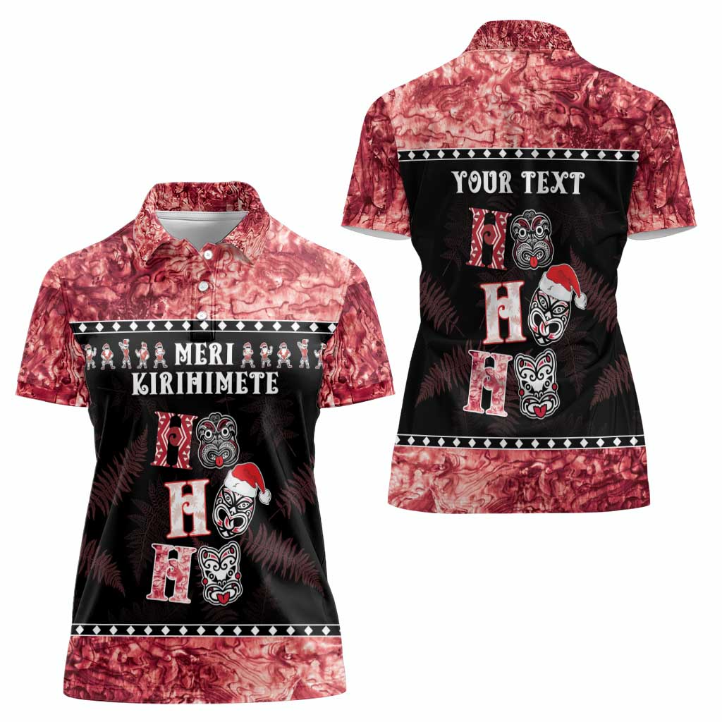 Personalised New Zealand Tiki Christmas Women Polo Shirt Ho Ho Ho Paua Shell Glitter Red LT05 - Polynesian Pride