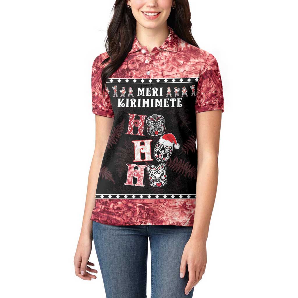 Personalised New Zealand Tiki Christmas Women Polo Shirt Ho Ho Ho Paua Shell Glitter Red LT05 - Polynesian Pride