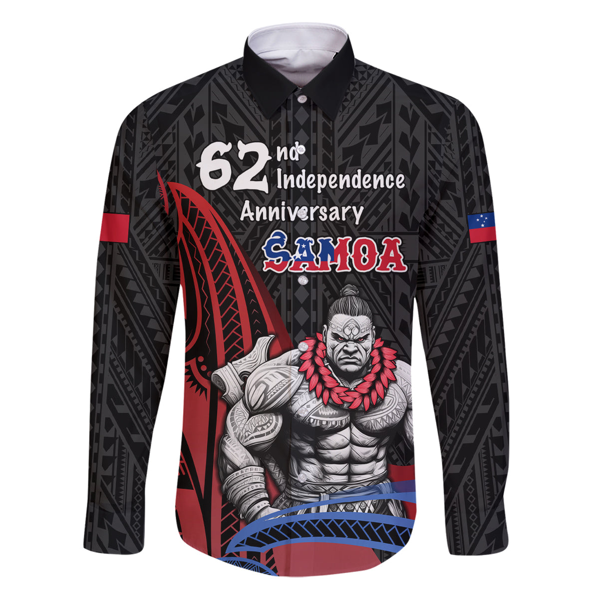 Samoa Independence Day Family Matching Off Shoulder Maxi Dress and Hawaiian Shirt Samoan Warriors Ula Fala LT05 Dad's Shirt - Long Sleeve Black - Polynesian Pride