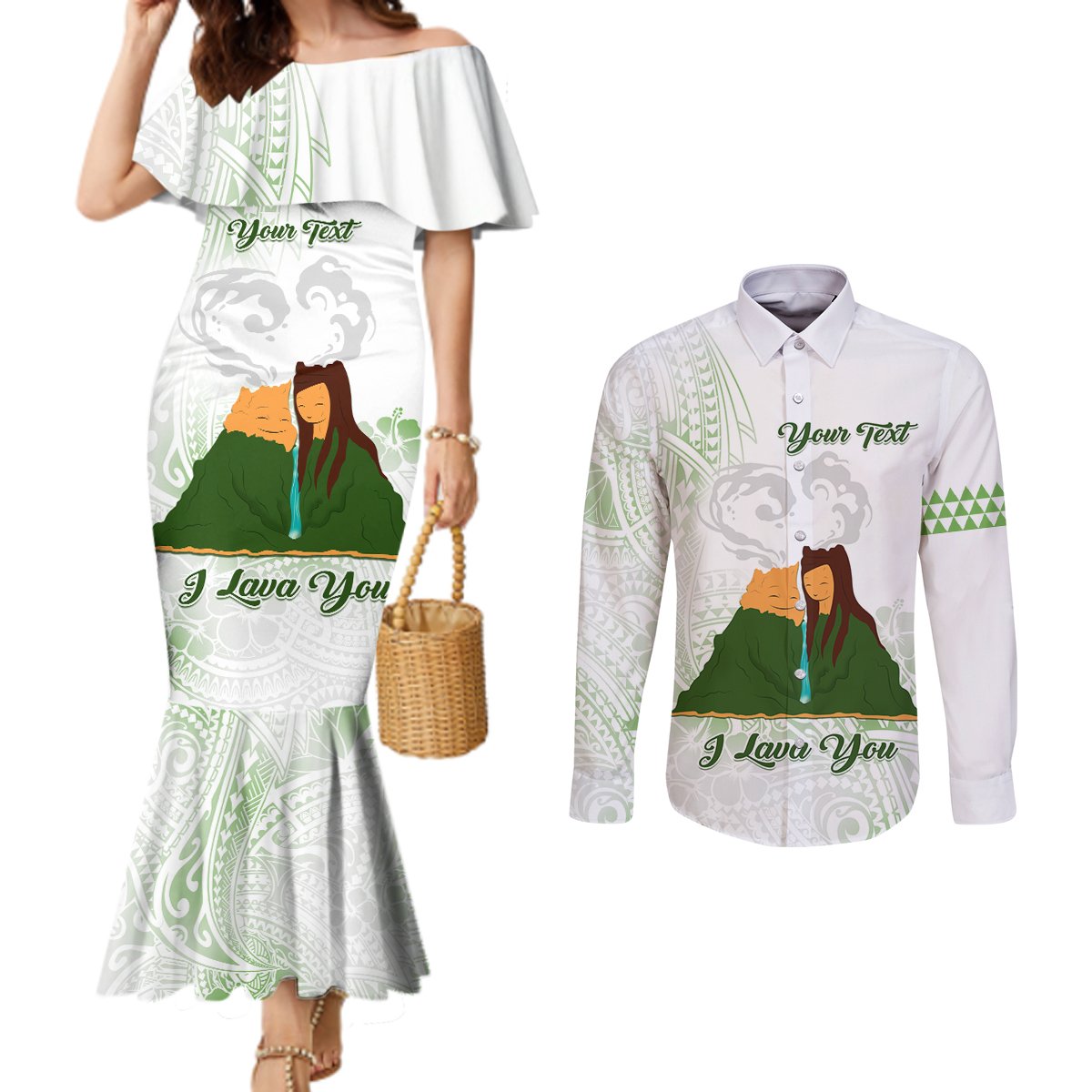 Personalised I LAVA YOU Volcano Valentine Couples Matching Mermaid Dress and Long Sleeve Button Shirt Polynesian Tribal Pattern LT05 White - Polynesian Pride