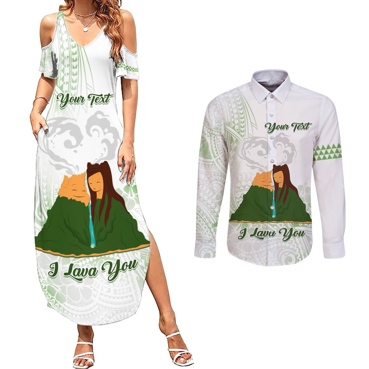 Personalised I LAVA YOU Volcano Valentine Couples Matching Summer Maxi Dress and Long Sleeve Button Shirt Polynesian Tribal Pattern LT05 White - Polynesian Pride