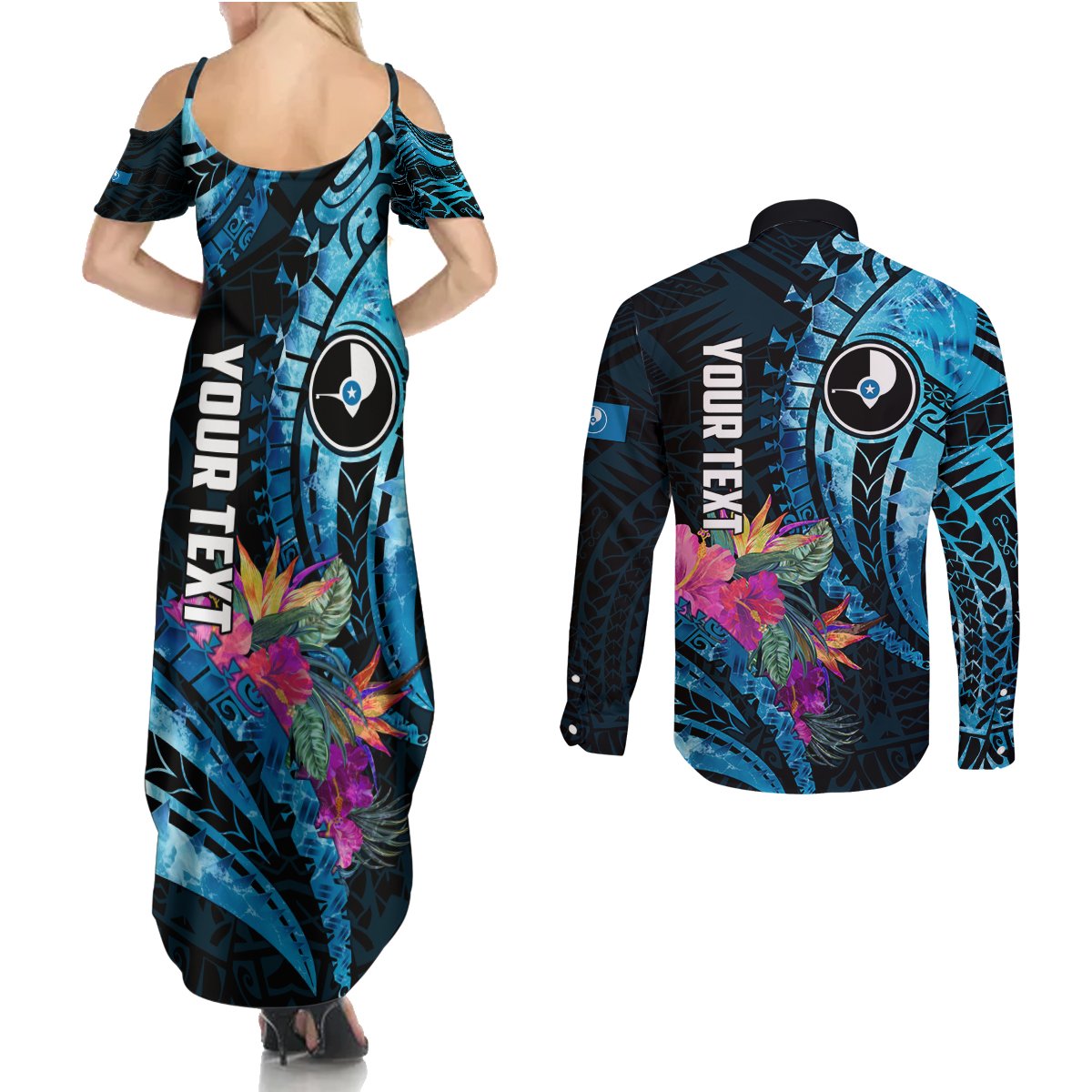 Personalised FSM Yap State Day Couples Matching Summer Maxi Dress and Long Sleeve Button Shirt Tropical Flowers Tribal Pattern LT05 - Polynesian Pride