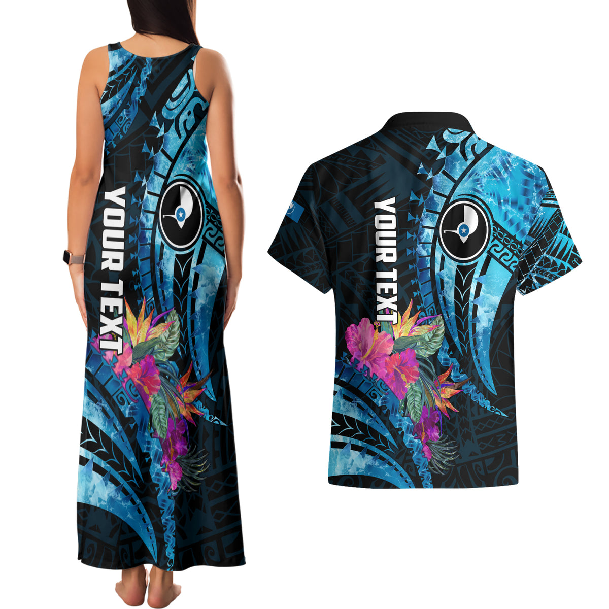Personalised FSM Yap State Day Couples Matching Tank Maxi Dress and Hawaiian Shirt Tropical Flowers Tribal Pattern LT05 - Polynesian Pride