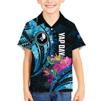 Personalised FSM Yap State Day Family Matching Long Sleeve Bodycon Dress and Hawaiian Shirt Tropical Flowers Tribal Pattern LT05 Son's Shirt Blue - Polynesian Pride