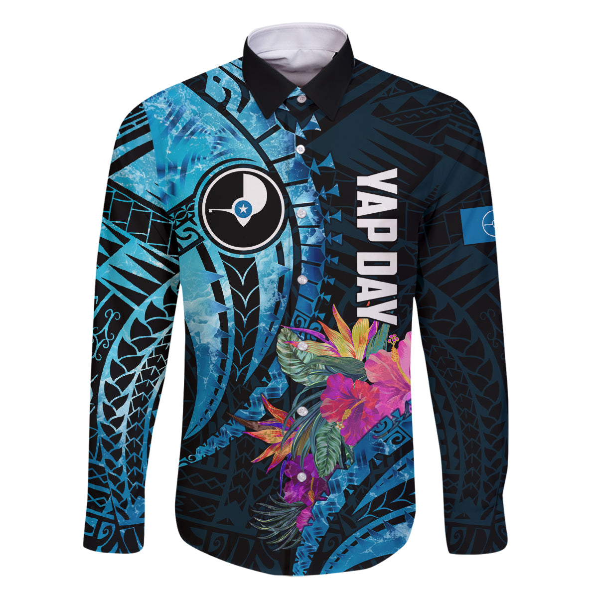 Personalised FSM Yap State Day Family Matching Off Shoulder Short Dress and Hawaiian Shirt Tropical Flowers Tribal Pattern LT05 Dad's Shirt - Long Sleeve Blue - Polynesian Pride