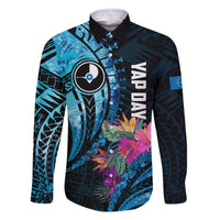 Personalised FSM Yap State Day Family Matching Off Shoulder Short Dress and Hawaiian Shirt Tropical Flowers Tribal Pattern LT05 Dad's Shirt - Long Sleeve Blue - Polynesian Pride