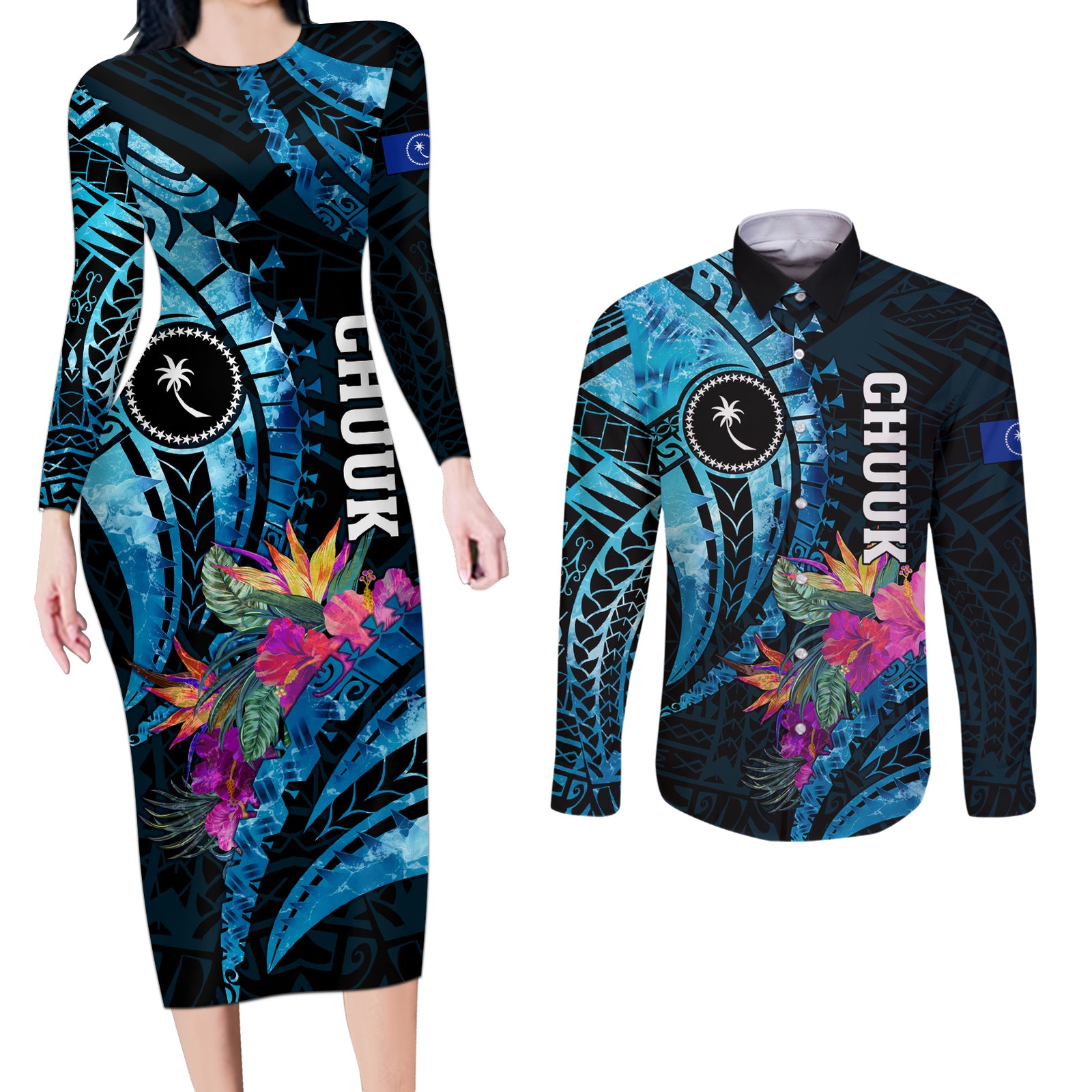 Personalised FSM Chuuk State Couples Matching Long Sleeve Bodycon Dress and Long Sleeve Button Shirt Tropical Flowers Tribal Pattern LT05 Blue - Polynesian Pride