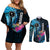 Personalised FSM Chuuk State Couples Matching Off Shoulder Short Dress and Long Sleeve Button Shirt Tropical Flowers Tribal Pattern LT05 Blue - Polynesian Pride
