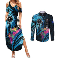 Personalised FSM Chuuk State Couples Matching Summer Maxi Dress and Long Sleeve Button Shirt Tropical Flowers Tribal Pattern LT05 Blue - Polynesian Pride