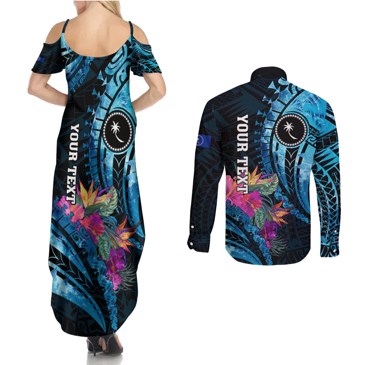 Personalised FSM Chuuk State Couples Matching Summer Maxi Dress and Long Sleeve Button Shirt Tropical Flowers Tribal Pattern LT05 - Polynesian Pride