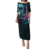 Personalised FSM Chuuk State Family Matching Puletasi and Hawaiian Shirt Tropical Flowers Tribal Pattern LT05 Mom's Dress Blue - Polynesian Pride