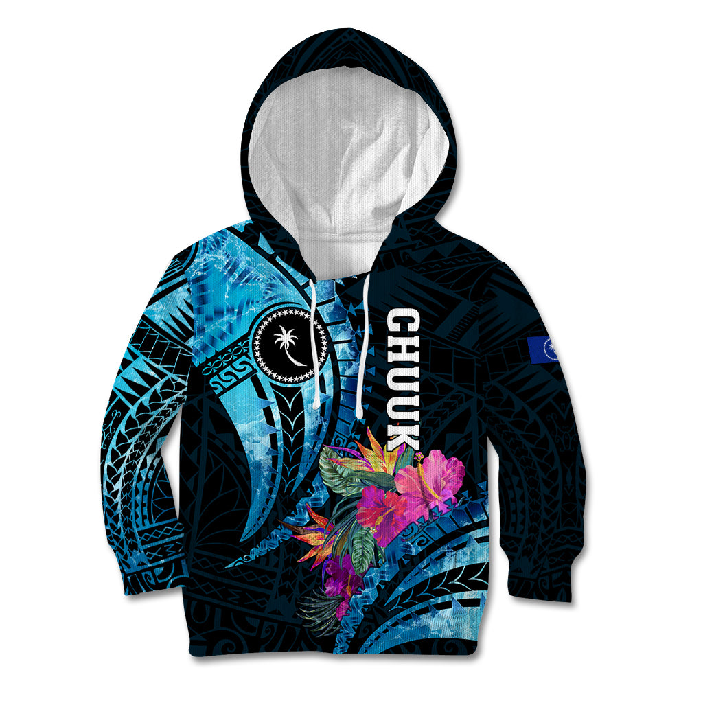 Personalised FSM Chuuk State Kid Hoodie Tropical Flowers Tribal Pattern LT05 Hoodie Blue - Polynesian Pride