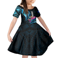 Personalised FSM Chuuk State Kid Short Sleeve Dress Tropical Flowers Tribal Pattern LT05 KID Blue - Polynesian Pride