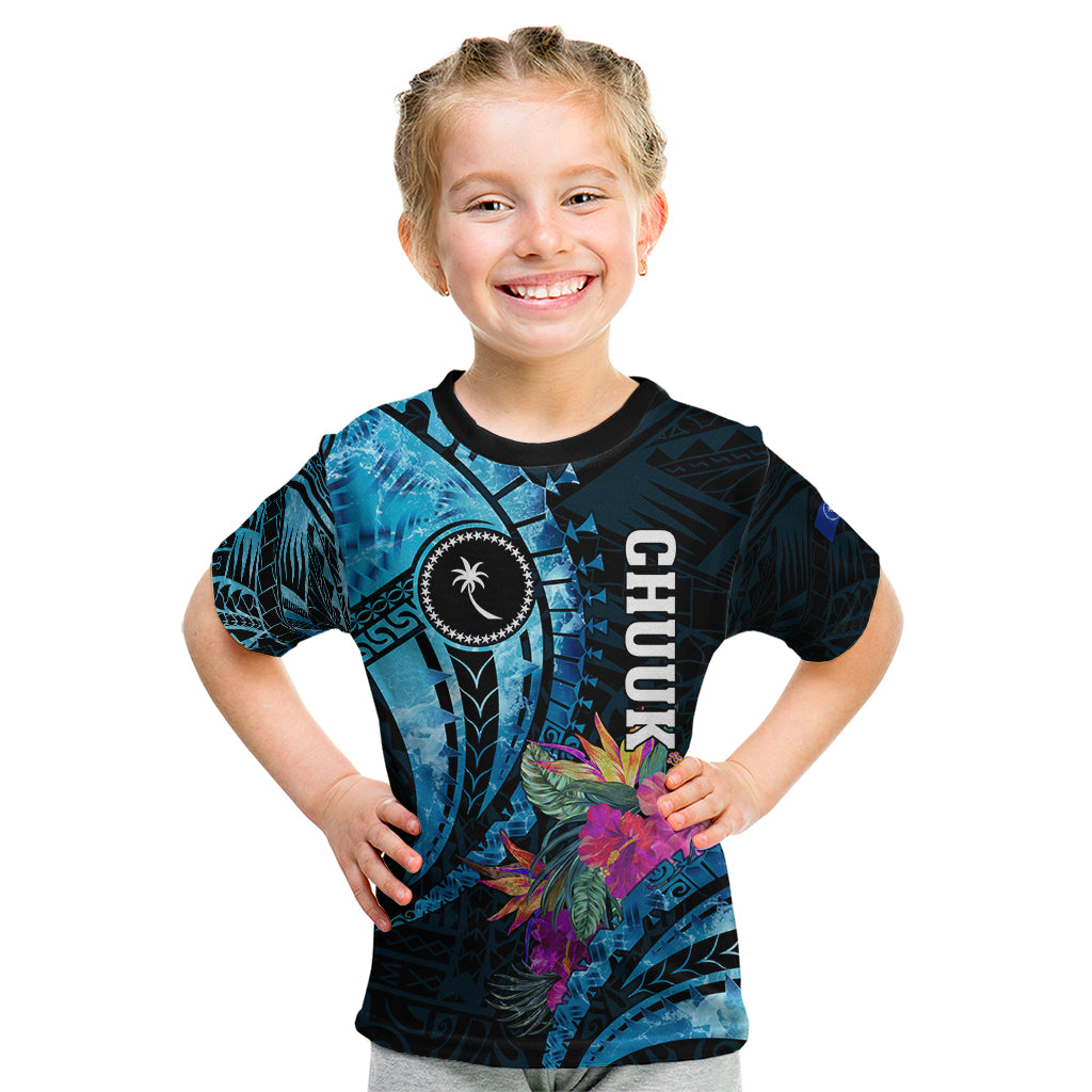 Personalised FSM Chuuk State Kid T Shirt Tropical Flowers Tribal Pattern LT05 Blue - Polynesian Pride