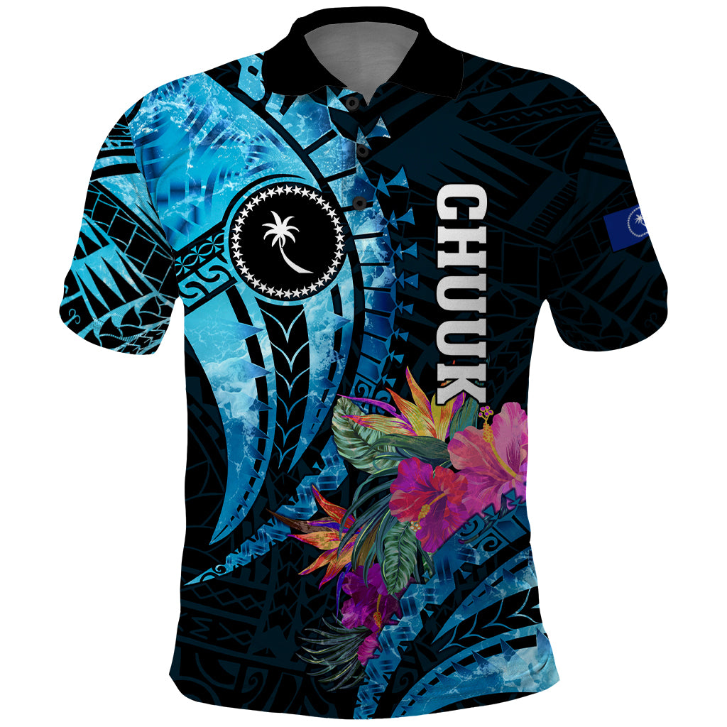 Personalised FSM Chuuk State Polo Shirt Tropical Flowers Tribal Pattern LT05 Blue - Polynesian Pride