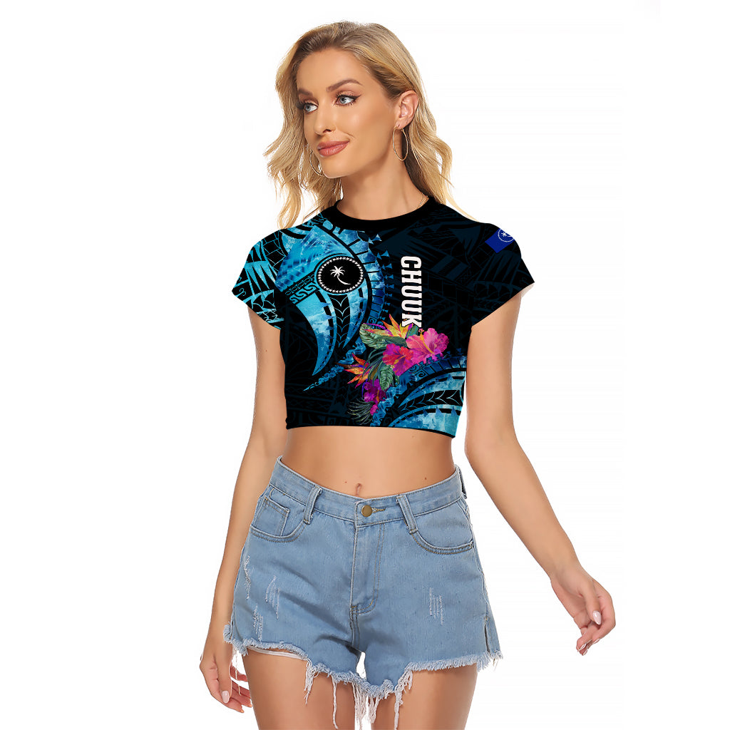 Personalised FSM Chuuk State Raglan Cropped T Shirt Tropical Flowers Tribal Pattern LT05 Female Blue - Polynesian Pride