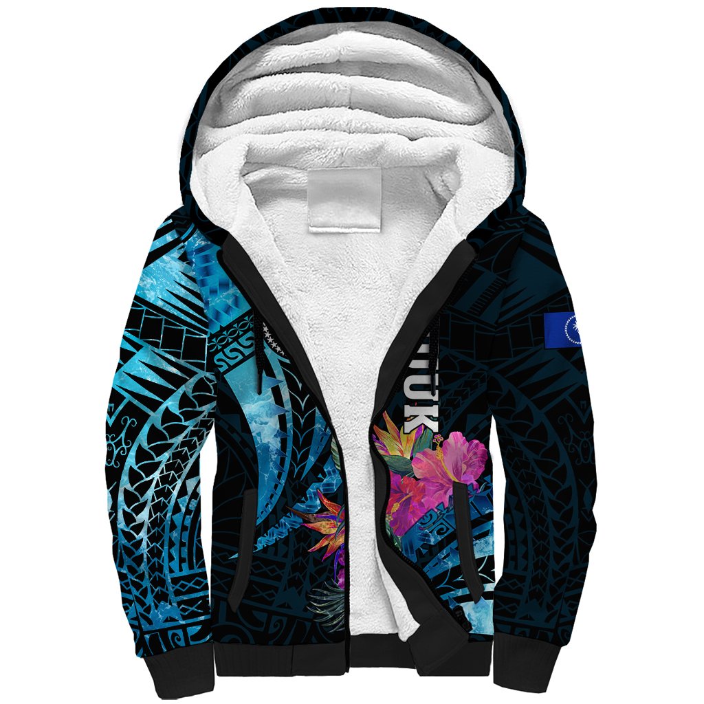 Personalised FSM Chuuk State Sherpa Hoodie Tropical Flowers Tribal Pattern LT05 Unisex Blue - Polynesian Pride