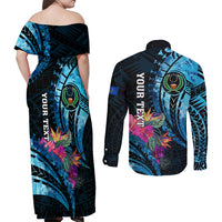 Personalised FSM Pohnpei State Couples Matching Off Shoulder Maxi Dress and Long Sleeve Button Shirt Tropical Flowers Tribal Pattern LT05 - Polynesian Pride