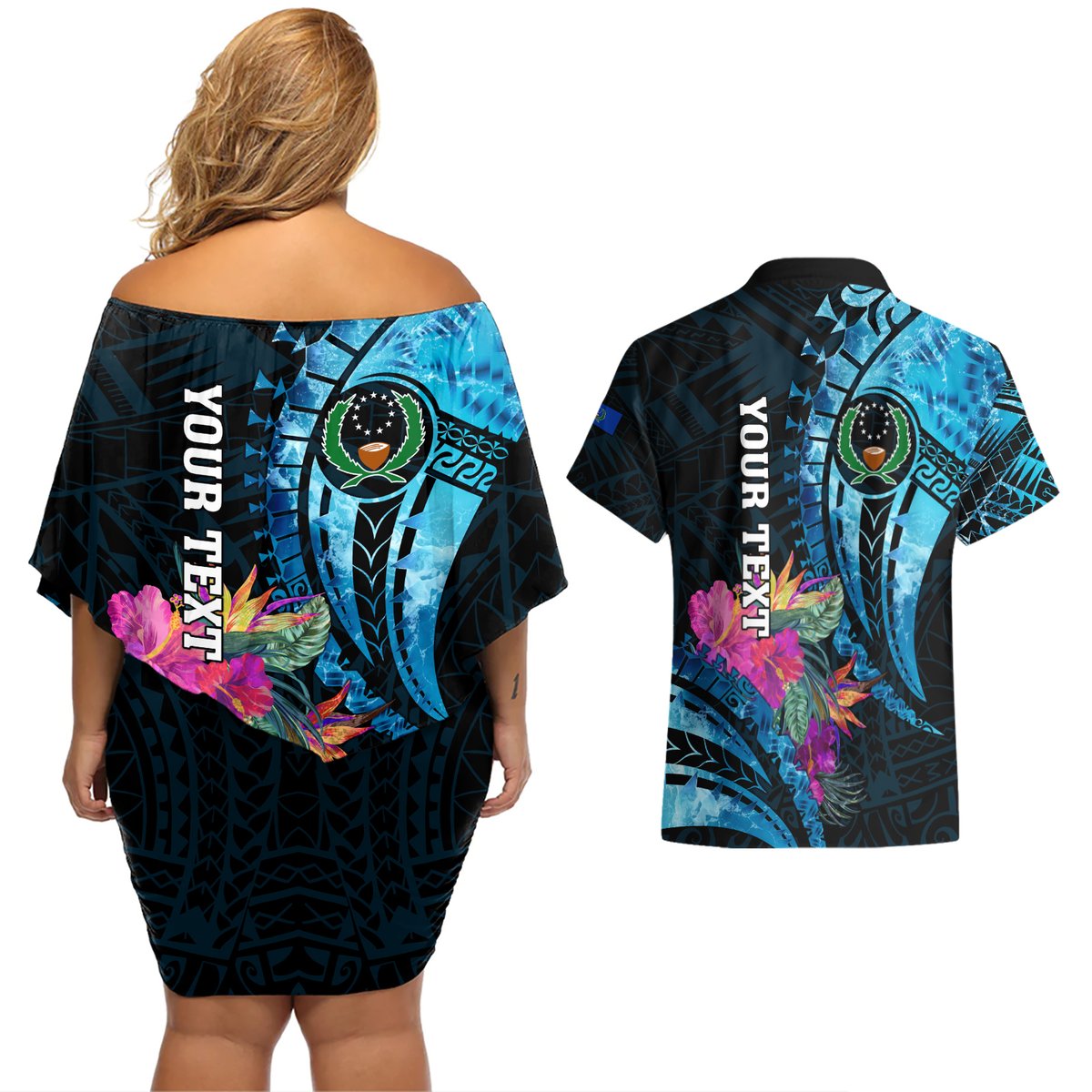 Personalised FSM Pohnpei State Couples Matching Off Shoulder Short Dress and Hawaiian Shirt Tropical Flowers Tribal Pattern LT05 - Polynesian Pride