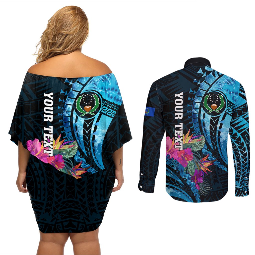 Personalised FSM Pohnpei State Couples Matching Off Shoulder Short Dress and Long Sleeve Button Shirt Tropical Flowers Tribal Pattern LT05 - Polynesian Pride