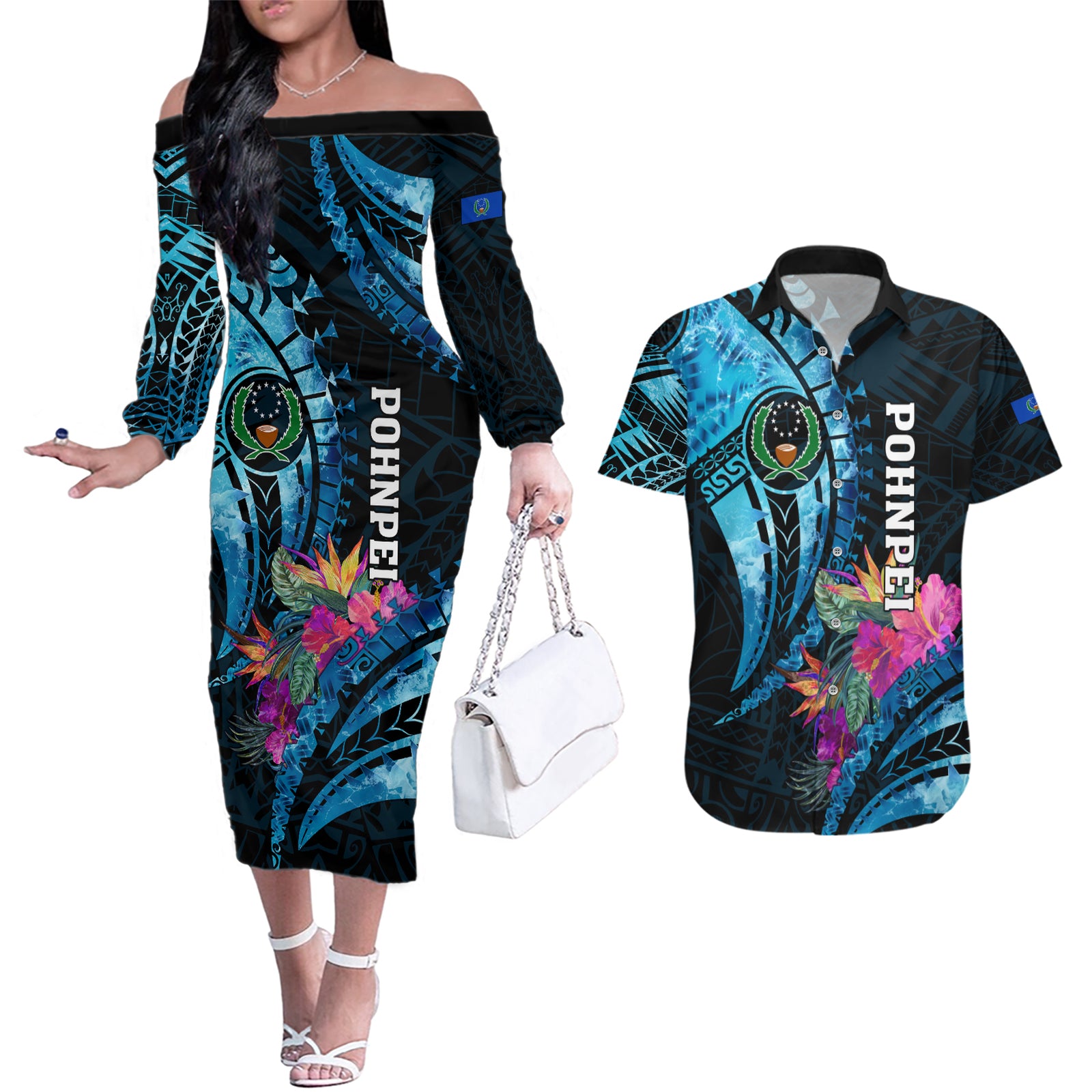 Personalised FSM Pohnpei State Couples Matching Off The Shoulder Long Sleeve Dress and Hawaiian Shirt Tropical Flowers Tribal Pattern LT05 Blue - Polynesian Pride
