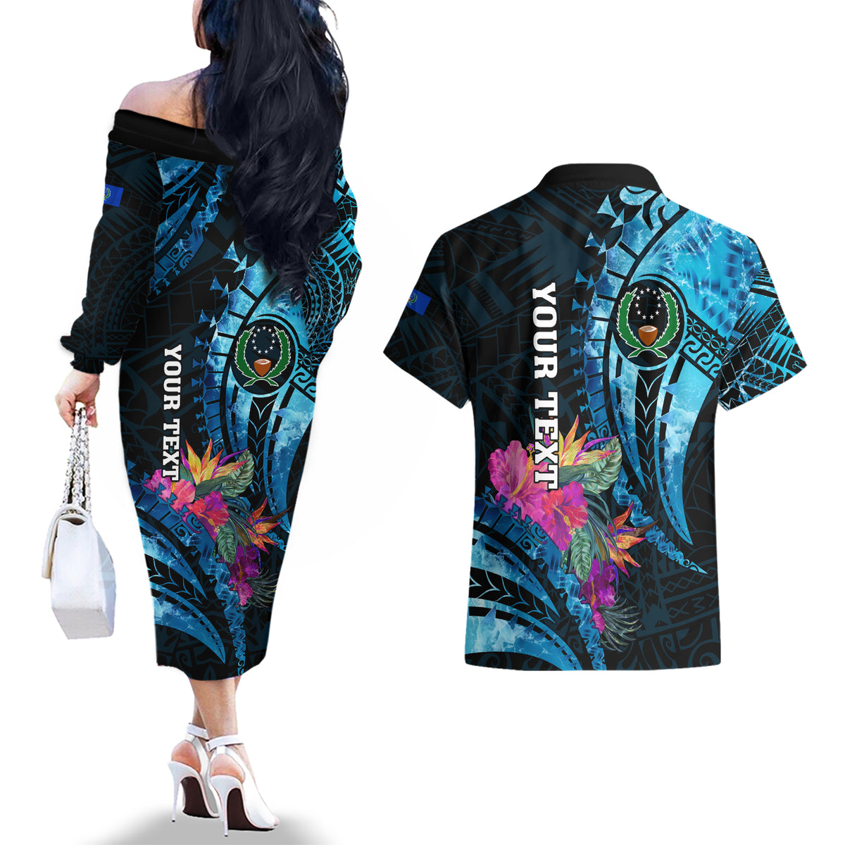Personalised FSM Pohnpei State Couples Matching Off The Shoulder Long Sleeve Dress and Hawaiian Shirt Tropical Flowers Tribal Pattern LT05 - Polynesian Pride
