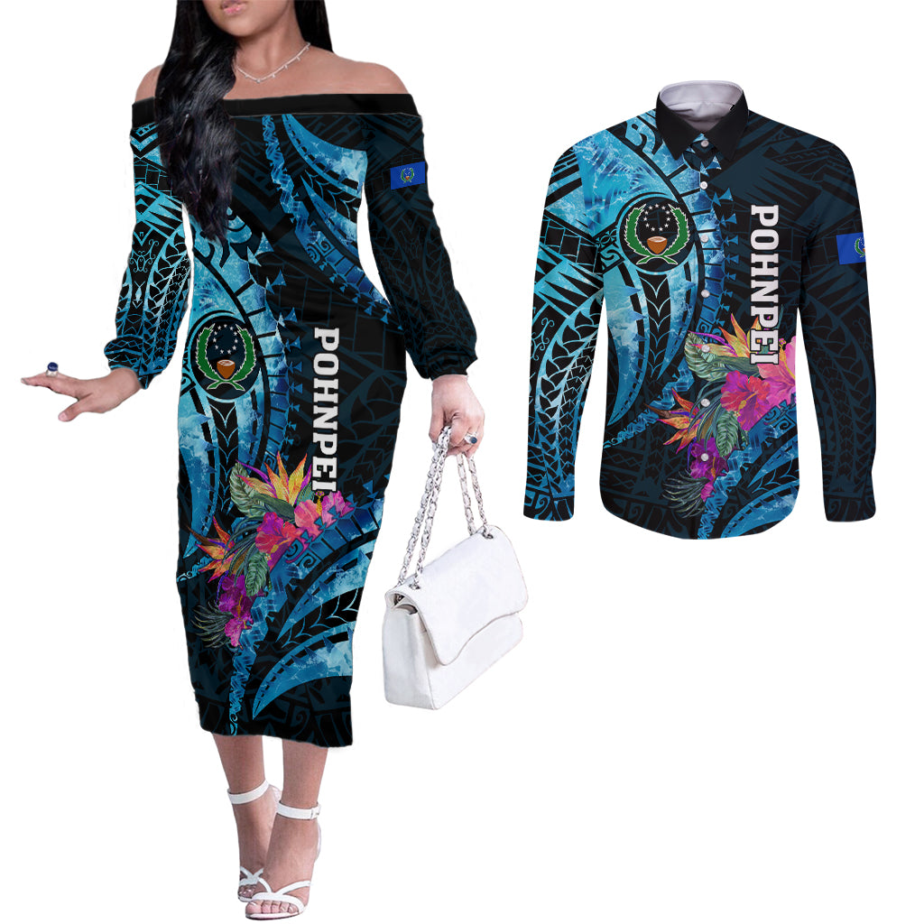 Personalised FSM Pohnpei State Couples Matching Off The Shoulder Long Sleeve Dress and Long Sleeve Button Shirt Tropical Flowers Tribal Pattern LT05 Blue - Polynesian Pride