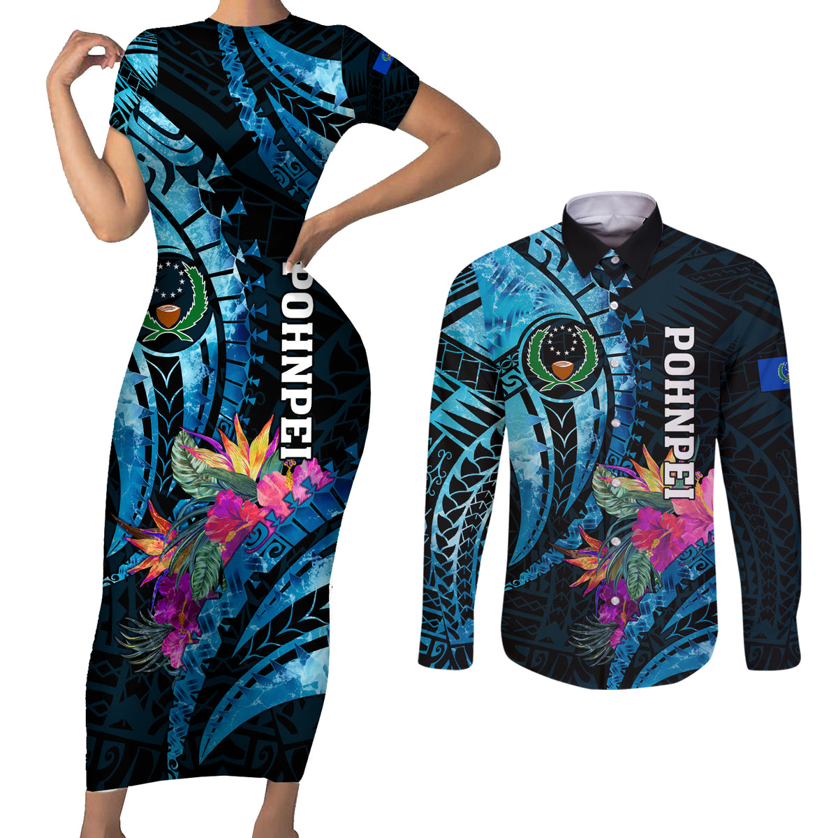 Personalised FSM Pohnpei State Couples Matching Short Sleeve Bodycon Dress and Long Sleeve Button Shirt Tropical Flowers Tribal Pattern LT05 Blue - Polynesian Pride