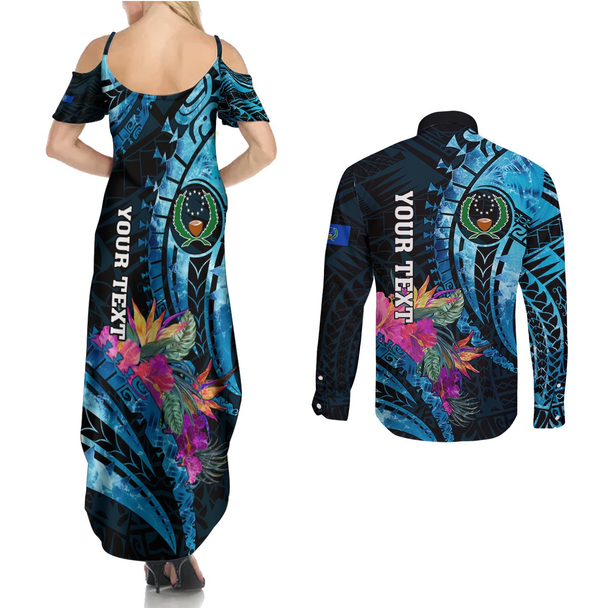 Personalised FSM Pohnpei State Couples Matching Summer Maxi Dress and Long Sleeve Button Shirt Tropical Flowers Tribal Pattern LT05 - Polynesian Pride