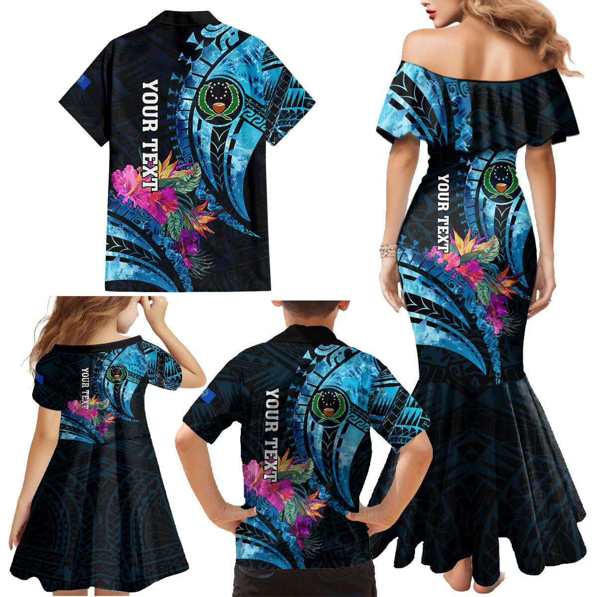 Personalised FSM Pohnpei State Family Matching Mermaid Dress and Hawaiian Shirt Tropical Flowers Tribal Pattern LT05 - Polynesian Pride