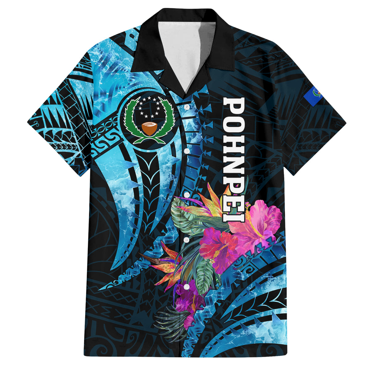 Personalised FSM Pohnpei State Family Matching Off Shoulder Long Sleeve Dress and Hawaiian Shirt Tropical Flowers Tribal Pattern LT05 Dad's Shirt - Short Sleeve Blue - Polynesian Pride