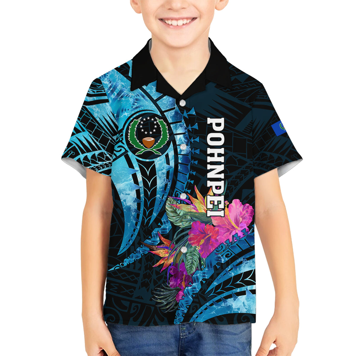 Personalised FSM Pohnpei State Family Matching Off Shoulder Long Sleeve Dress and Hawaiian Shirt Tropical Flowers Tribal Pattern LT05 Son's Shirt Blue - Polynesian Pride