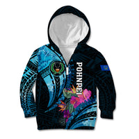 Personalised FSM Pohnpei State Kid Hoodie Tropical Flowers Tribal Pattern LT05 Zip Hoodie Blue - Polynesian Pride