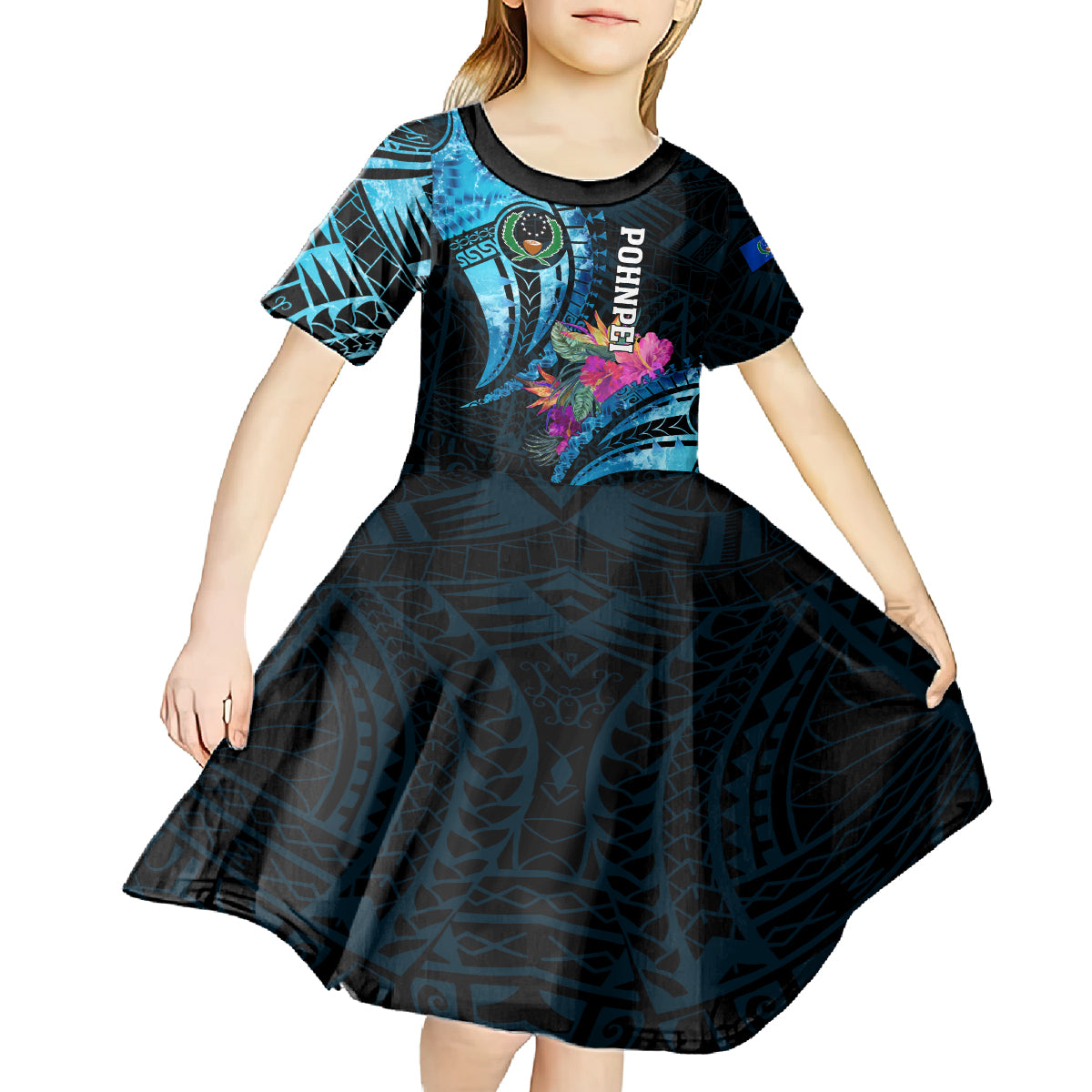 Personalised FSM Pohnpei State Kid Short Sleeve Dress Tropical Flowers Tribal Pattern LT05 - Polynesian Pride