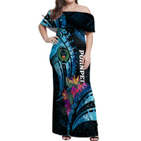 Personalised FSM Pohnpei State Off Shoulder Maxi Dress Tropical Flowers Tribal Pattern LT05 Women Blue - Polynesian Pride