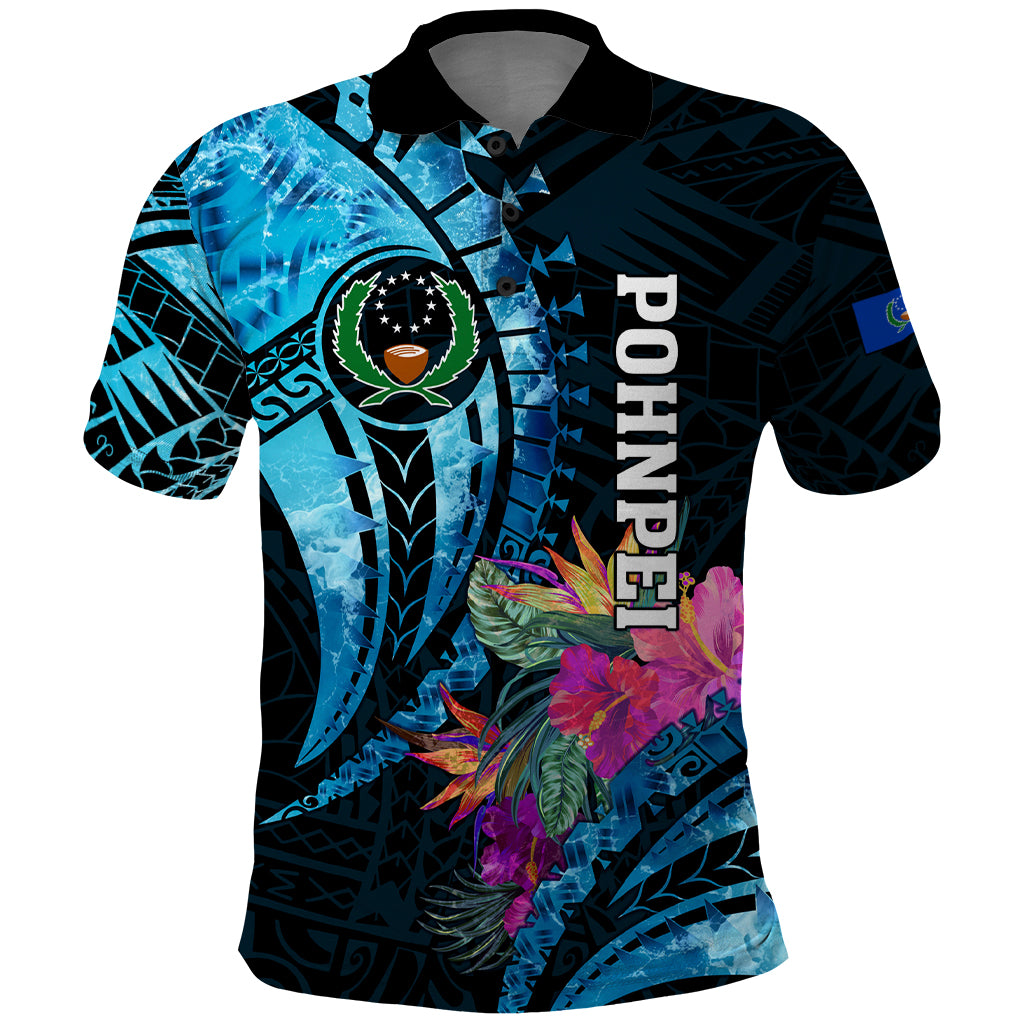 Personalised FSM Pohnpei State Polo Shirt Tropical Flowers Tribal Pattern LT05 Blue - Polynesian Pride