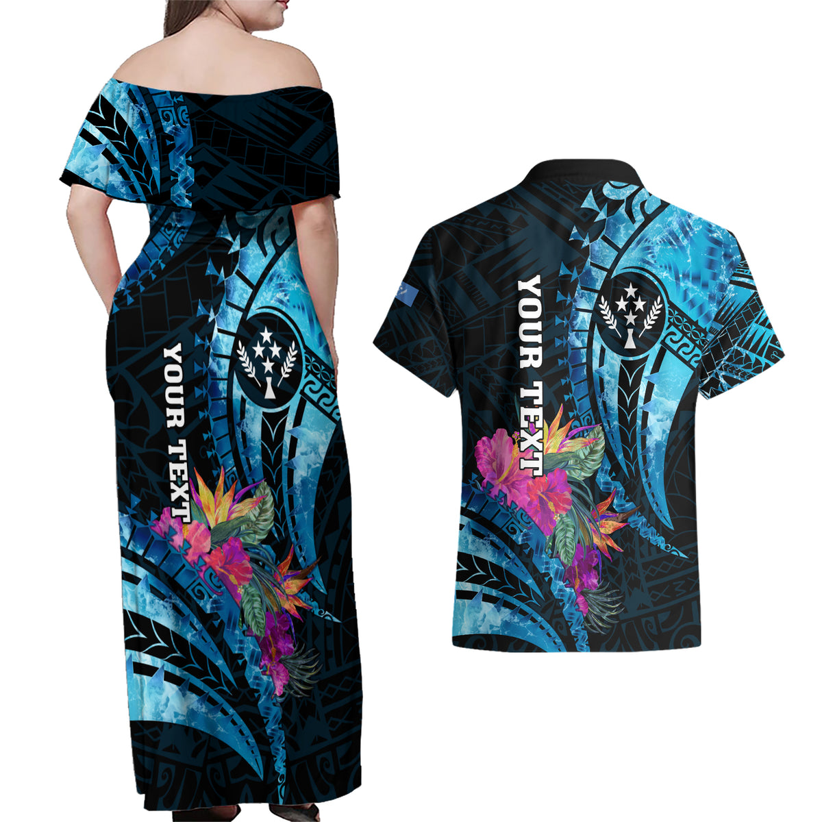 Personalised FSM Kosrae State Couples Matching Off Shoulder Maxi Dress and Hawaiian Shirt Tropical Flowers Tribal Pattern LT05 - Polynesian Pride