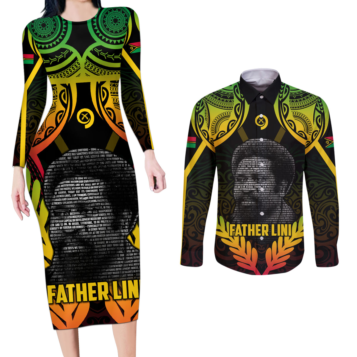Personalised Vanuatu Father Lini Day Couples Matching Long Sleeve Bodycon Dress and Long Sleeve Button Shirt Polynesian Tribal Pattern LT05 Black - Polynesian Pride