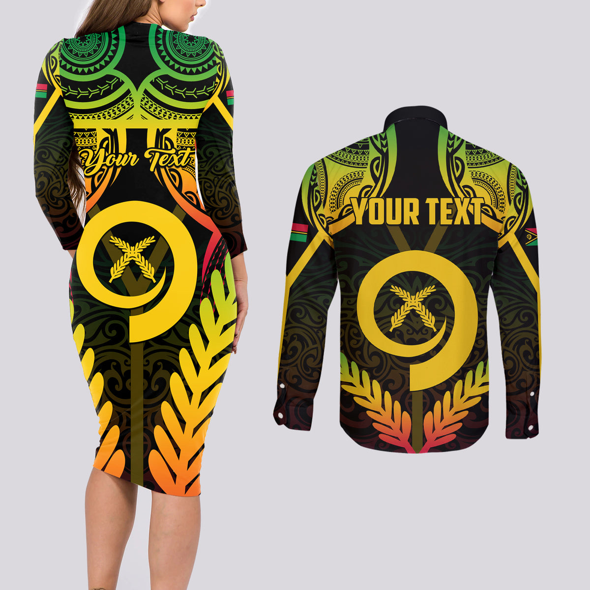 Personalised Vanuatu Father Lini Day Couples Matching Long Sleeve Bodycon Dress and Long Sleeve Button Shirt Polynesian Tribal Pattern LT05 - Polynesian Pride