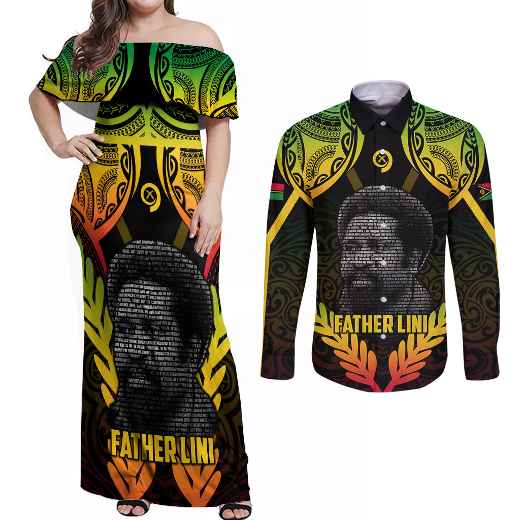 Personalised Vanuatu Father Lini Day Couples Matching Off Shoulder Maxi Dress and Long Sleeve Button Shirt Polynesian Tribal Pattern LT05 Black - Polynesian Pride