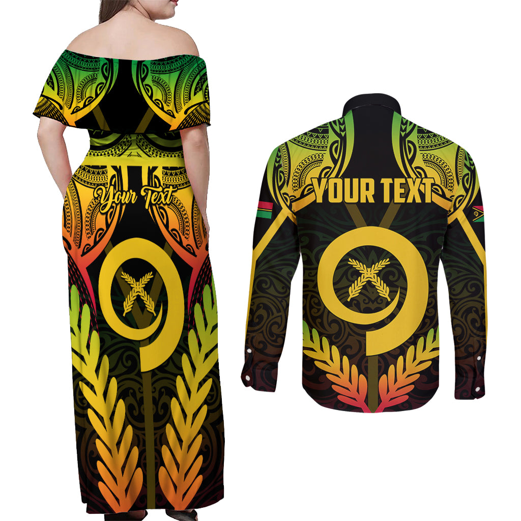 Personalised Vanuatu Father Lini Day Couples Matching Off Shoulder Maxi Dress and Long Sleeve Button Shirt Polynesian Tribal Pattern LT05 - Polynesian Pride