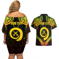 Personalised Vanuatu Father Lini Day Couples Matching Off Shoulder Short Dress and Hawaiian Shirt Polynesian Tribal Pattern LT05 - Polynesian Pride