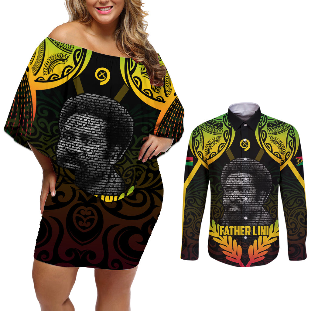 Personalised Vanuatu Father Lini Day Couples Matching Off Shoulder Short Dress and Long Sleeve Button Shirt Polynesian Tribal Pattern LT05 Black - Polynesian Pride