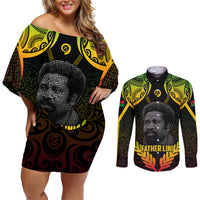 Personalised Vanuatu Father Lini Day Couples Matching Off Shoulder Short Dress and Long Sleeve Button Shirt Polynesian Tribal Pattern LT05 Black - Polynesian Pride