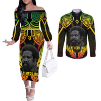 Personalised Vanuatu Father Lini Day Couples Matching Off The Shoulder Long Sleeve Dress and Long Sleeve Button Shirt Polynesian Tribal Pattern LT05 Black - Polynesian Pride